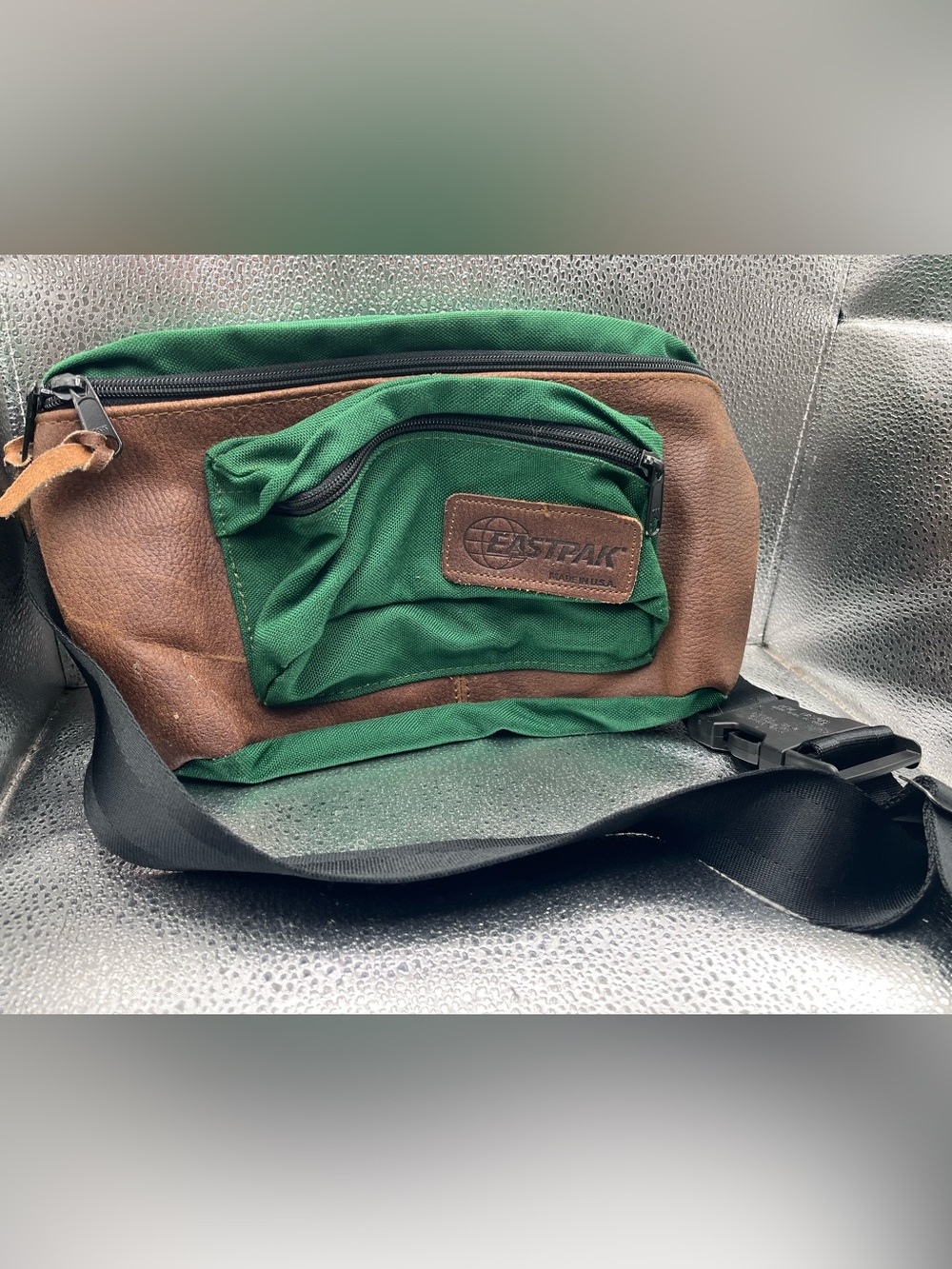 VINTAGE Eastpak Green Canvas Brown Leather Fanny Pack Outdoors USA